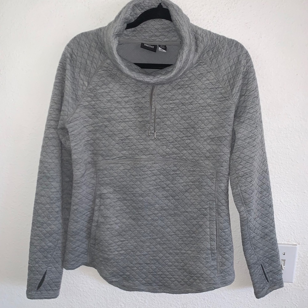Marmot Womens Quilted Cowl Neck Pullover Sweatshirt Grey Thumbholes Large